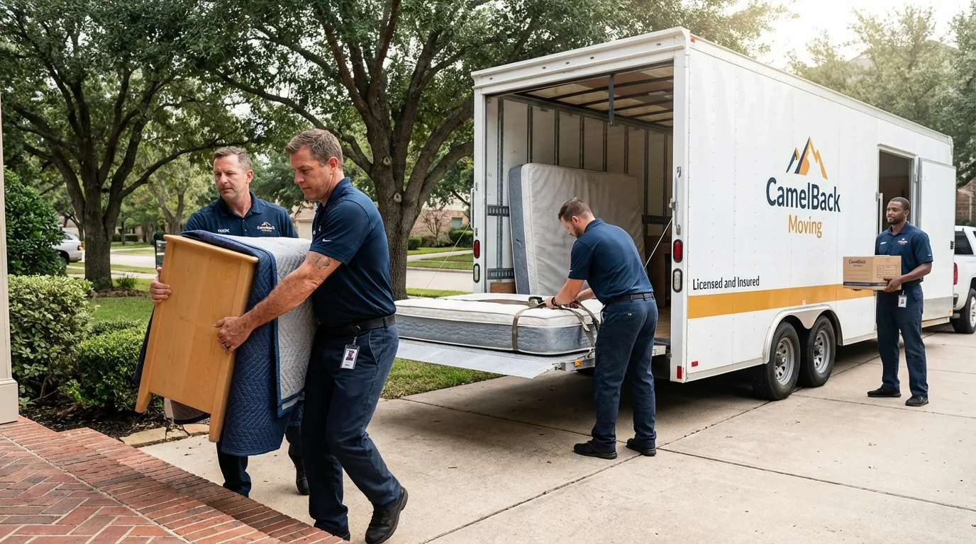 Crew loading residential truck for cross-state move from Fullerton, CA