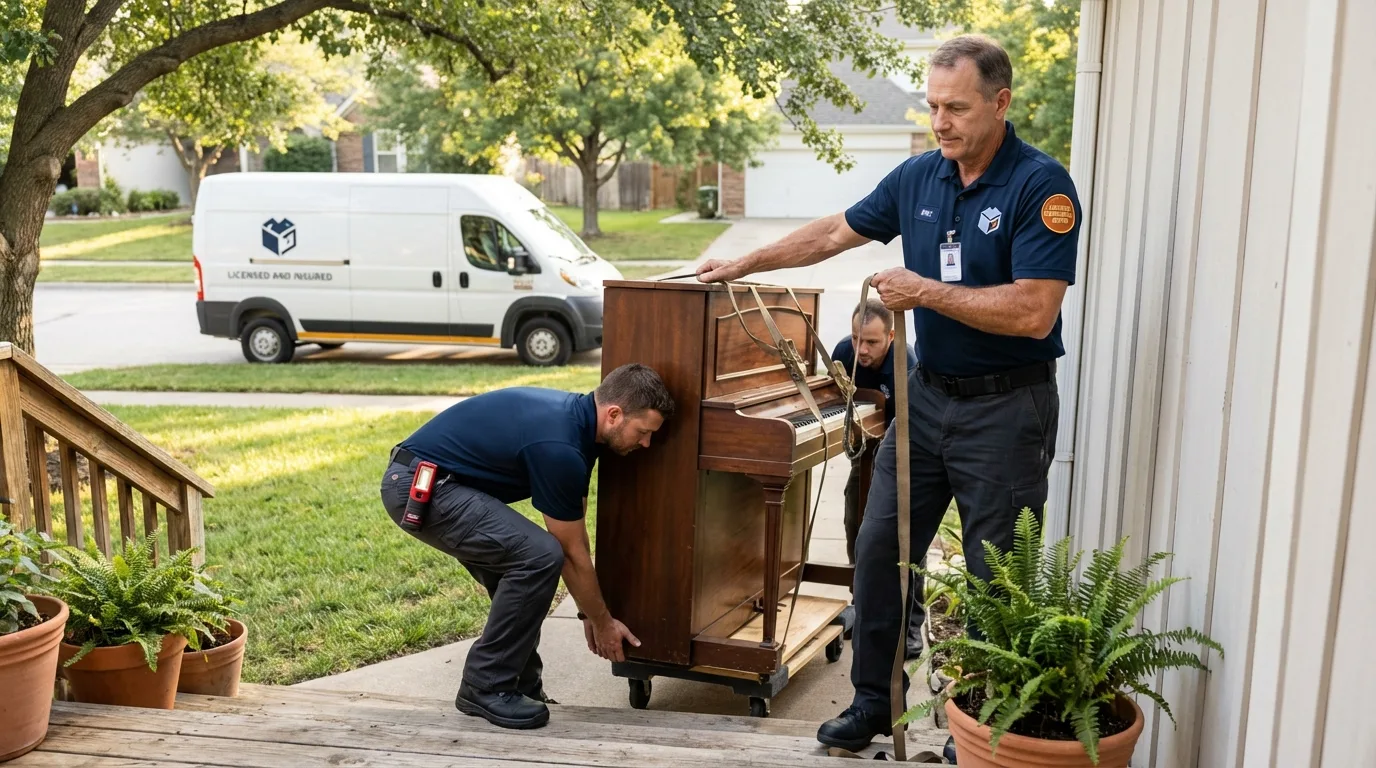 Licensed piano movers securing grand piano in Fullerton, CA
