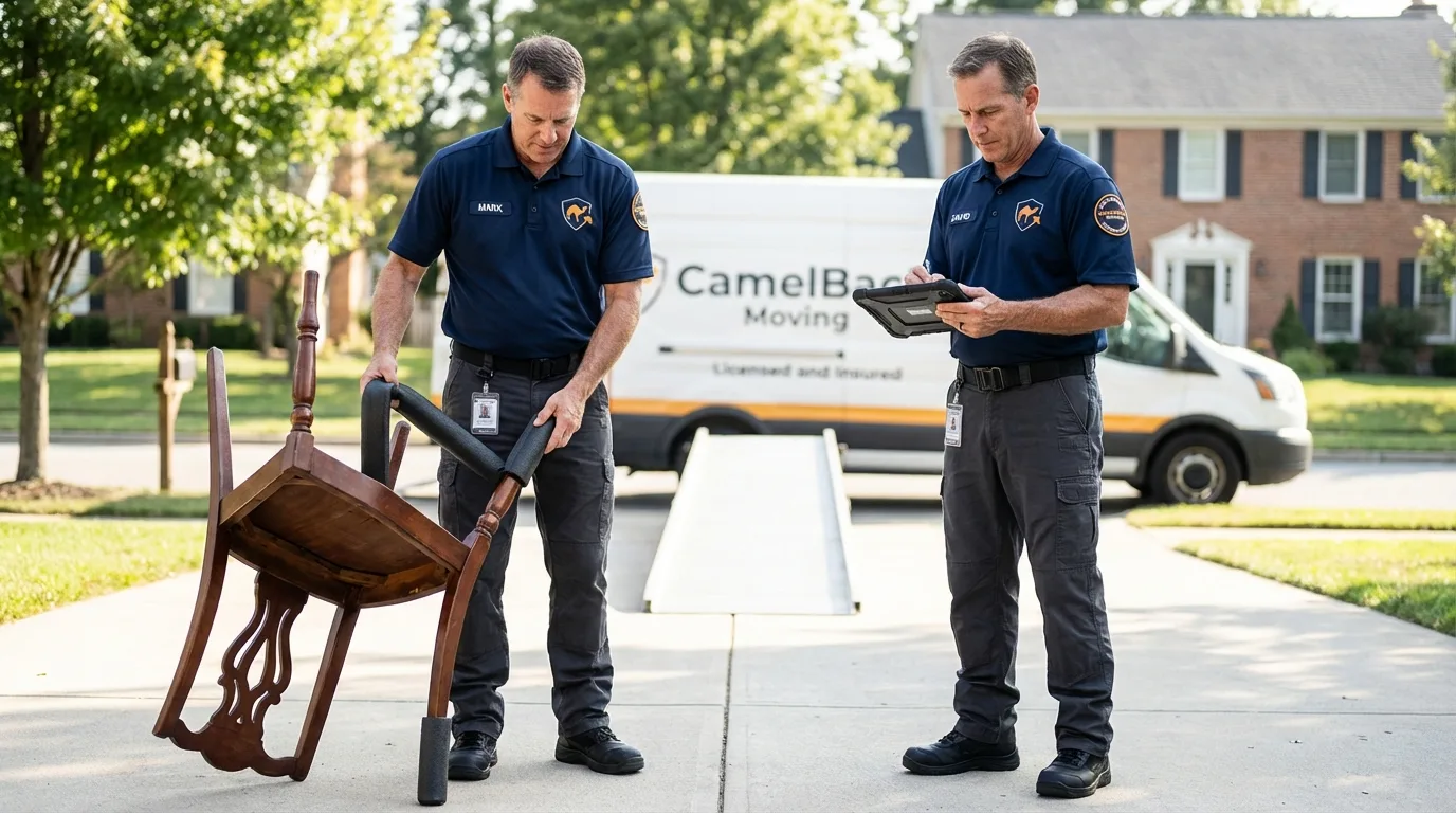Movers inspecting furniture for damage prevention before loading in Fullerton, CA